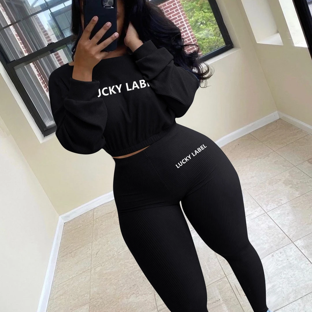 

2Pieces Set Women Casual Sport Outfits Letter Print Long Sleeve Round Neck Crop Top + High Waist Trousers Sportswear Tracksuits