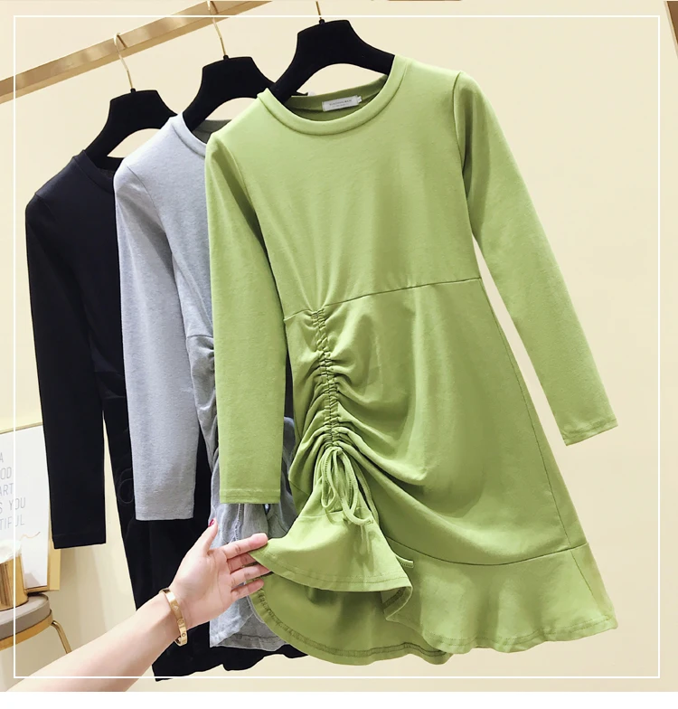 

Ruffled Drawstring Sweet Salt Elegant Green Dress for Women Summer Slim Fit Slimming Temperament Waist-Controlled Small