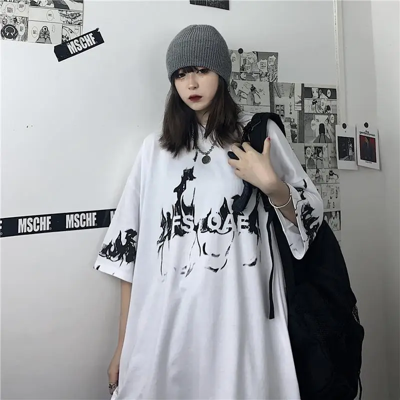 

Black Korean Women's T-shirts Oversized Tshirt Tops Harajuku Vintage Gothic Gothic Graphic Aesthetics Punk Drophip Hop Clothes