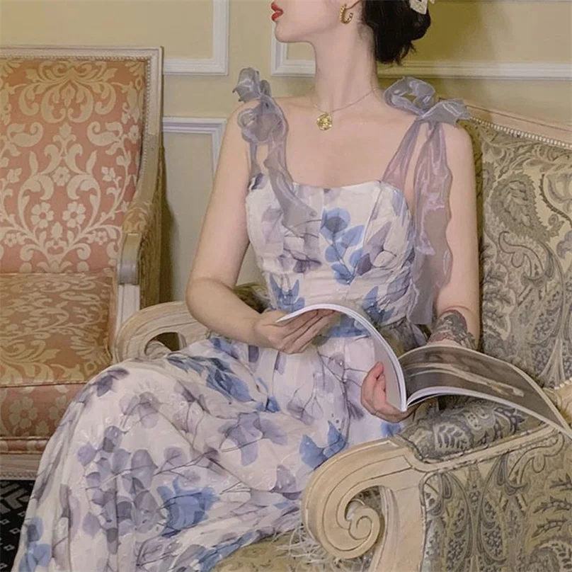 

Sweet French Women Fashion Dress Lace Bandage Elegant Floral Famales Design Sleeveless Midi Strap Dress Korean Style