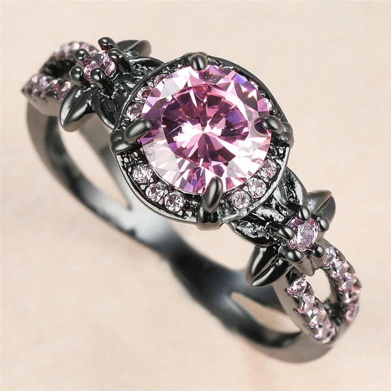 

Luxury Female Pink Crystal Stone Ring Charm Black Gold Flower Wedding Rings For Women Small Round Zircon Engagement Ring
