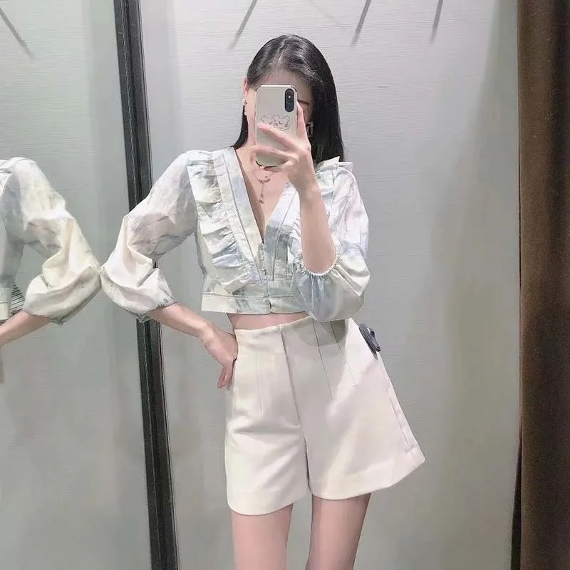 

Za Women 2021 Fashion Tie-dye Print Laminated Decoration Blouses Vintage V Neck Long Sleeve Female Shirts Blusas Chic Tops