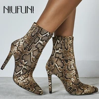 niufuni suede woman boots snake print ankle boots thin high heels pointed toe sexy ladies shoes size 42 elasticity martin boots