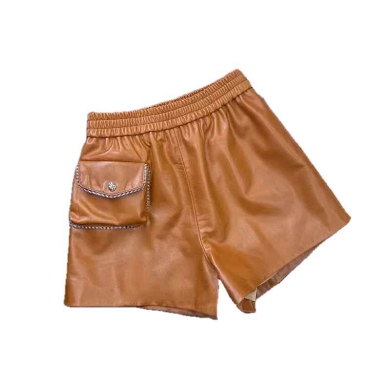 Genuine Sheep Leather Shorts Women New Pocket Loose A-Line Elastic Waist Wide Leg Real Leather Shorts 3XL