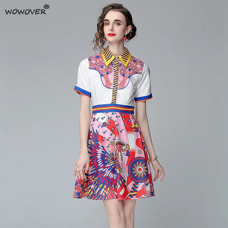 

New 2021 Summer Shirt Collar Short Sleeve Print Vintage Runway Dress Women Robe Elegant Casual Aline Knee Length Vestidos