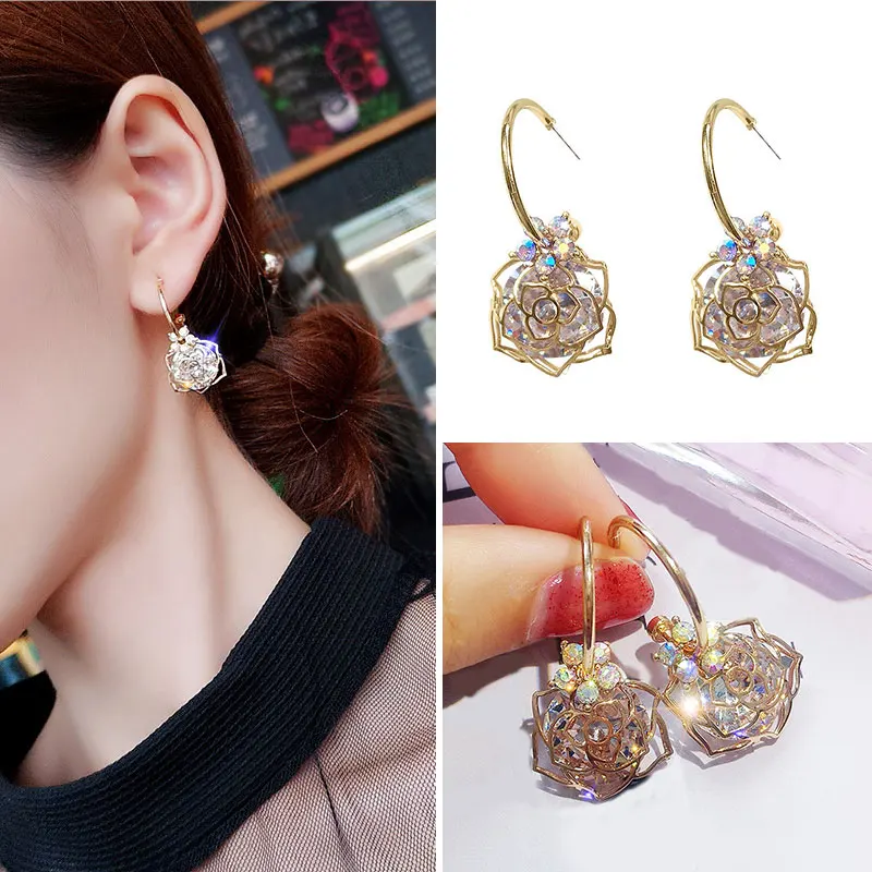 Женские Висячие серьги с кристаллами длинные золотистого цвета розовым цветком