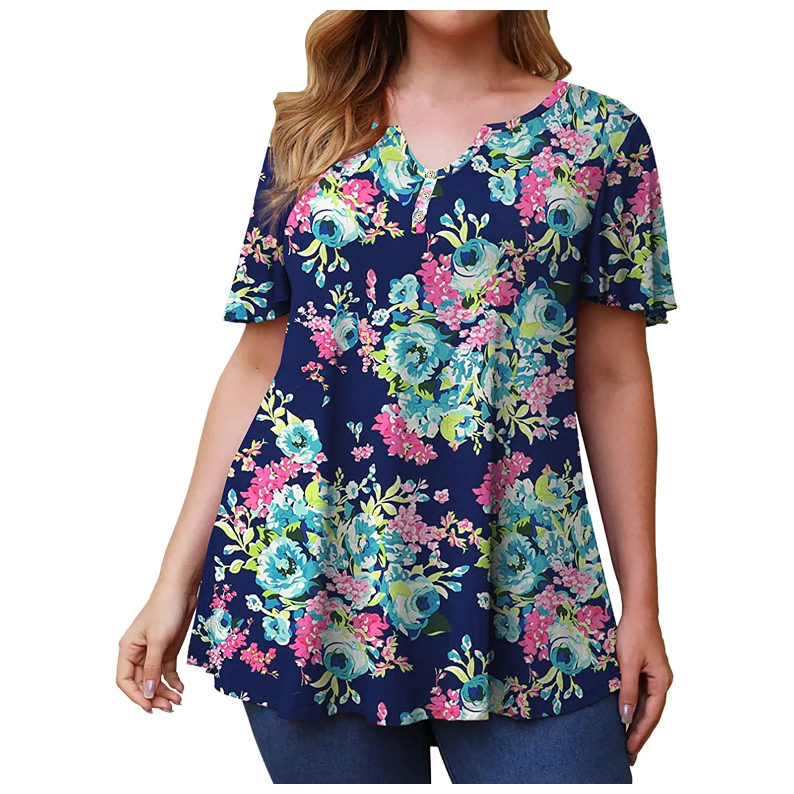 

4XL 5XL Plus Size Tee Shirt Women Summer V Neck Short Sleeve Floral Print Casual Blouse Tops Plus Size Women Clothing