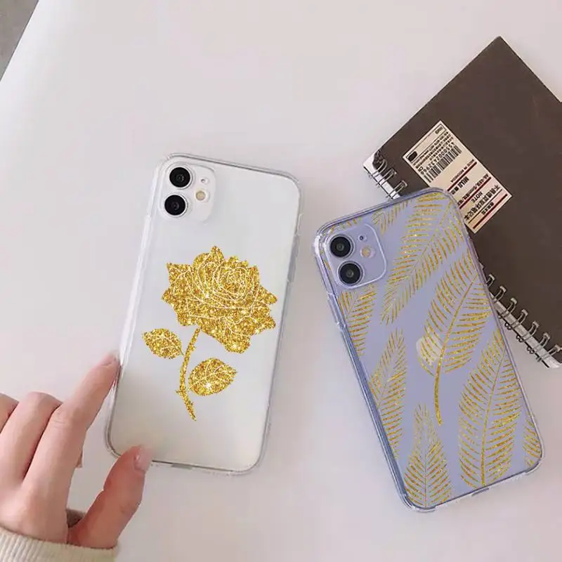 

Golden leaf flower love leopard print Phone Case Clear Transparent for iPhone 11 12 13 mini pro XS MAX 8 7 6 6S Plus X XR 2020
