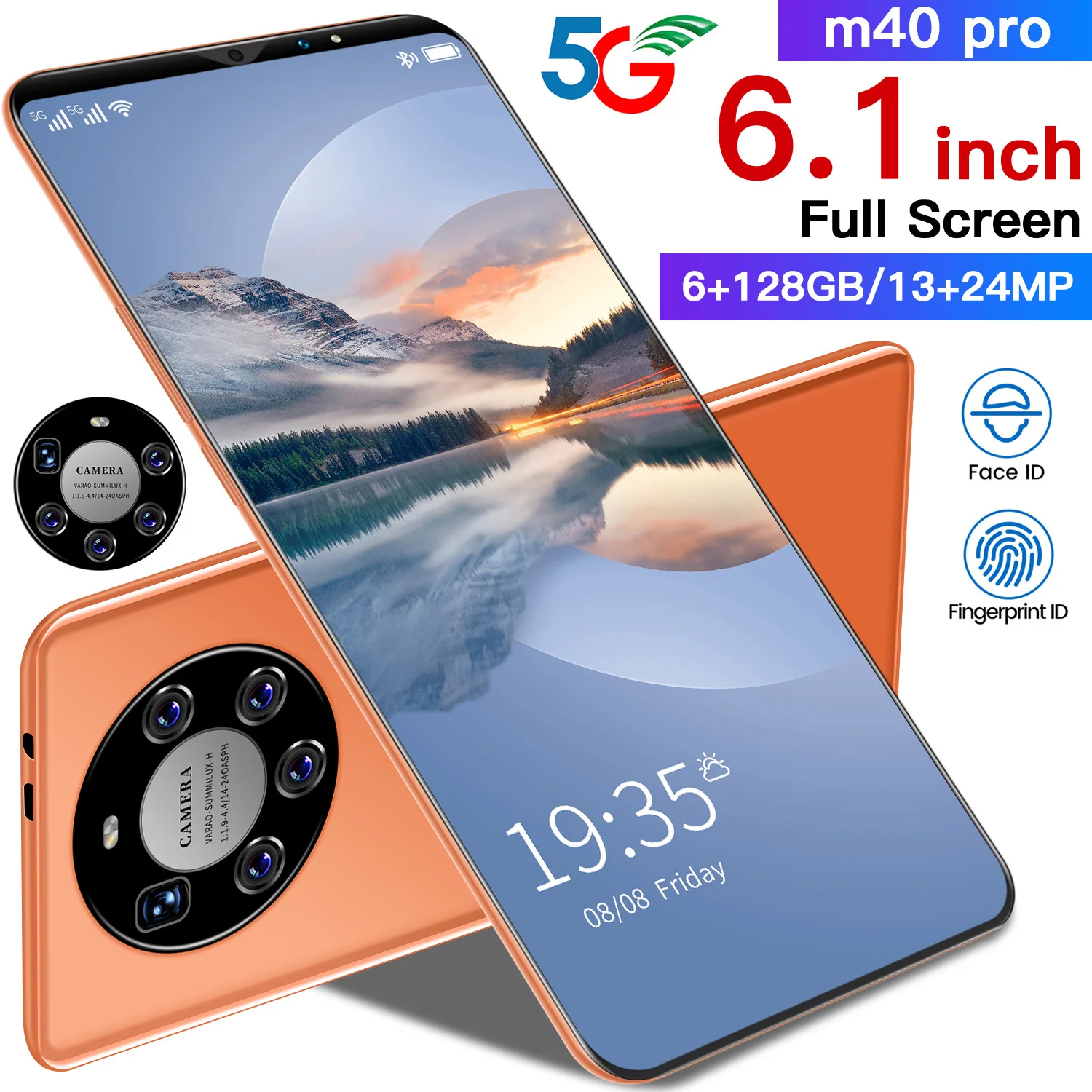

M40 Pro Smart Phone 6.1 Inch 8+128GB Fingerprint Unloc 4800mAh 10 Core Dual SIM+Micro SD 13+24MP MTK6889 Andriod 10.0 Cell Phone