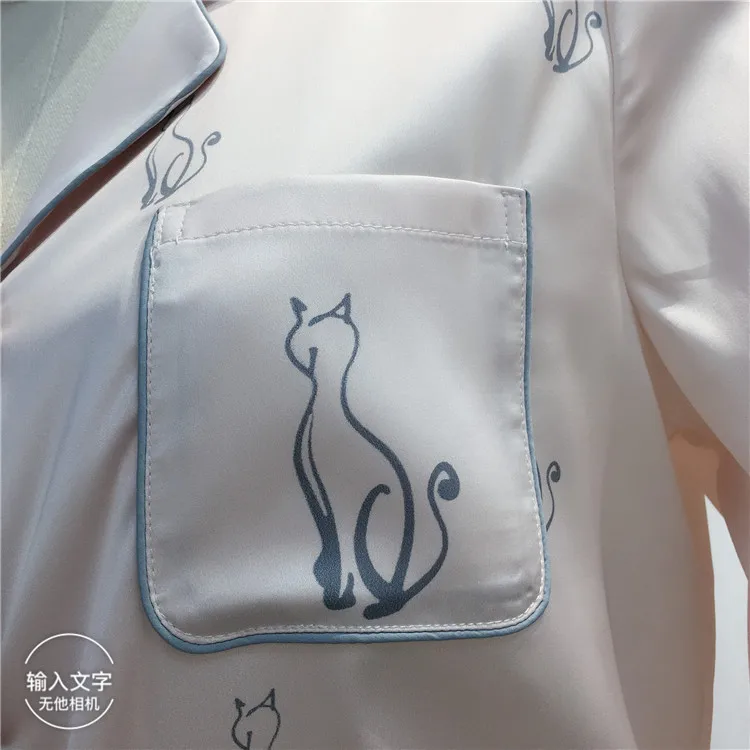 

Pajamas for Women Silk Cat Cartoon Printed Nightwear Cute Shirt-Style Long-Sleeved Trousers Homewear 2-piece Set Spring 3 Colors