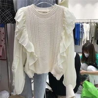 chiffon ruffled sweaters womens clothing 2021 autumn and winter new fashion all matching twist weave round neck pullover top