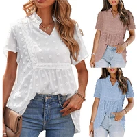 women summer solid color loose chiffon shirt ladies casual short sleeve v neck blouse for shoppingdating