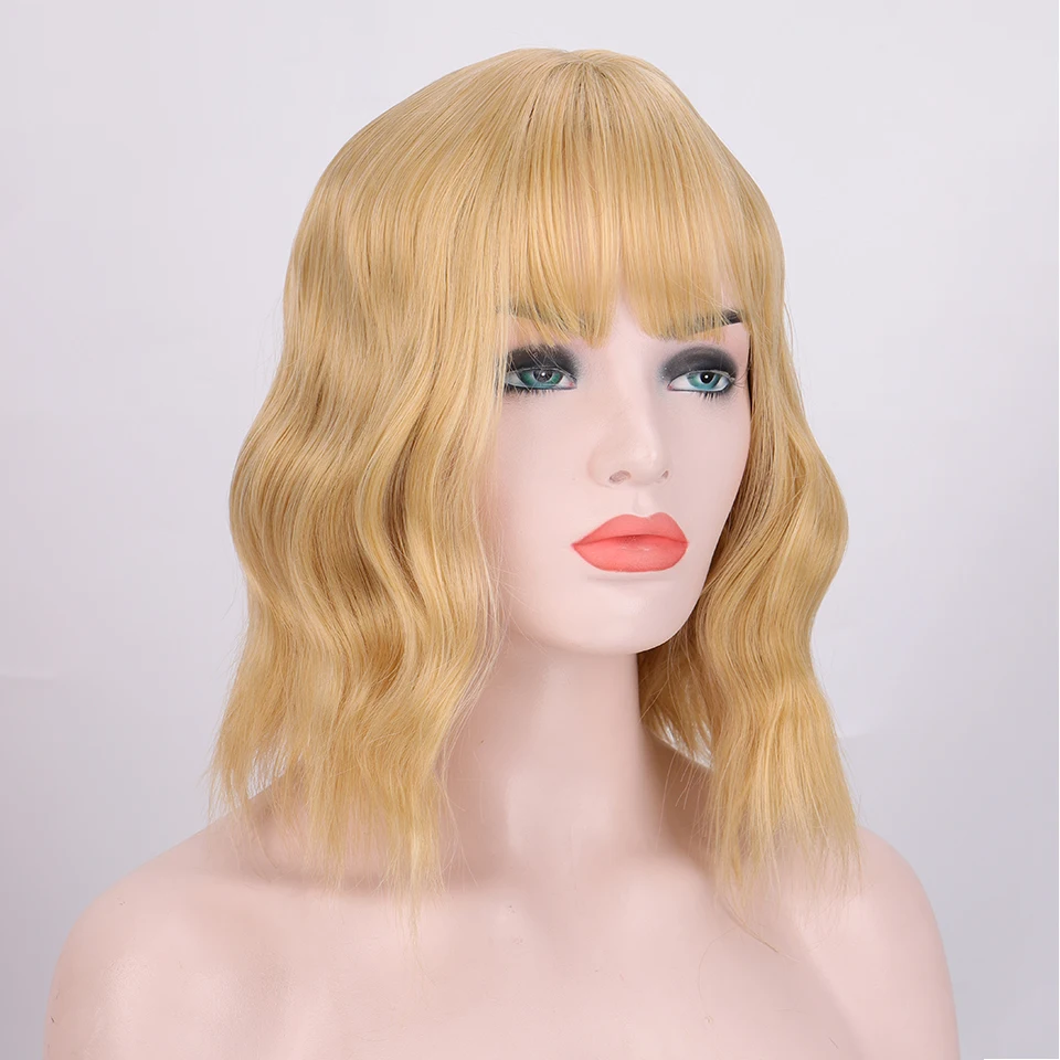 Sintéticas para as Mulheres Onda de Água Peruca com Franja Lupu Perucas Curto Natural Preto Loiro Rosa Lolita Cosplay Festa Cabelo Peruca Bob 8 Apliques e perucas