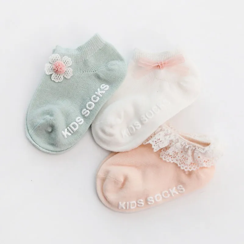 Calcetines cortos de algod&oacute;n para ni&ntilde;os y ni&ntilde;as, medias antideslizantes y transpirables con lazo de encaje, 3 unidades-3