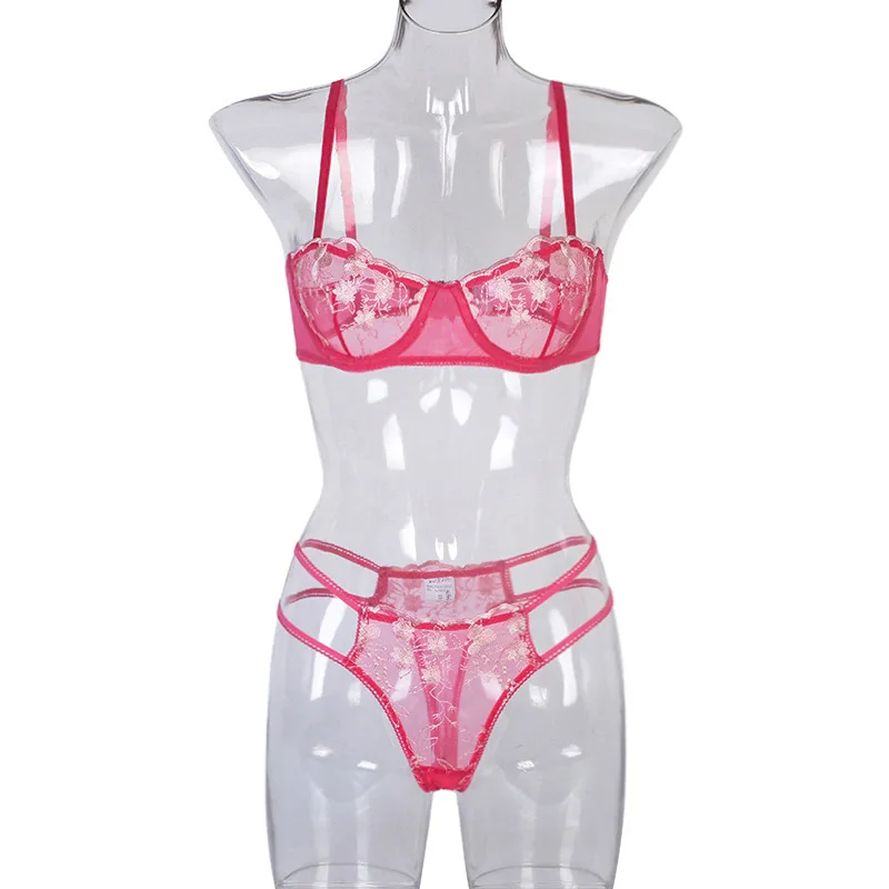 

Sexy Lingerie Ladies Erotic Clothing Thin Transparent Underwear Lace Embroidery Flower Hollow Bra Underwear Suit 2 Pieces