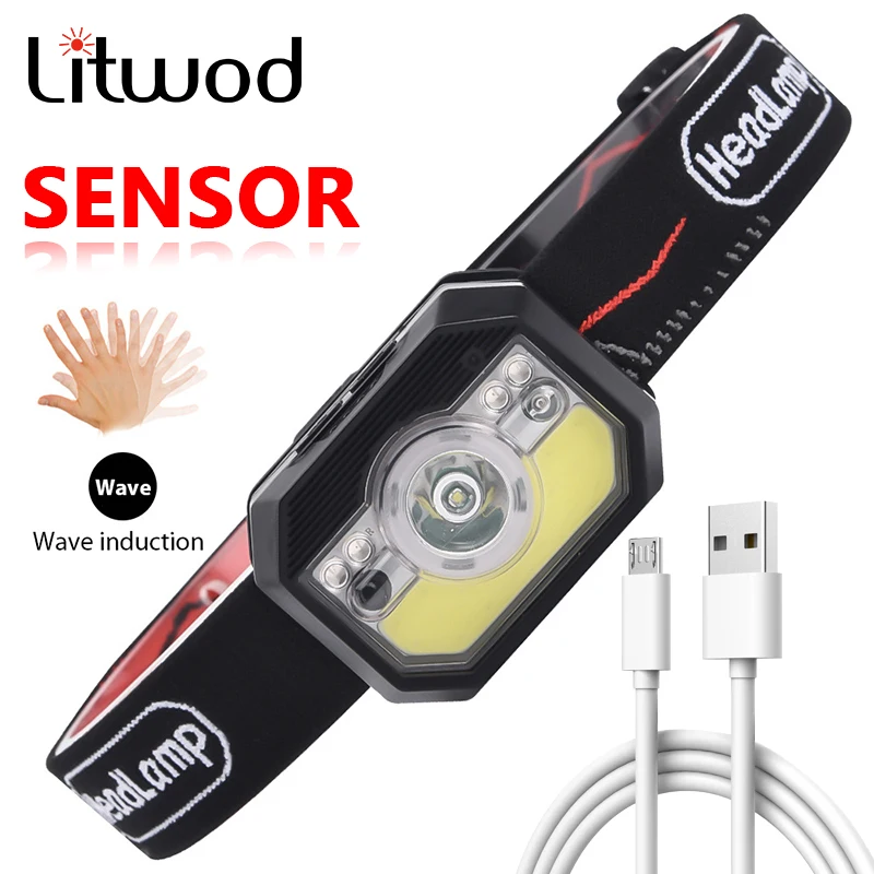 

XP-G Q5 датчик налобный фонарь фара Водонепроницаемая светодиодная Встроенная Usb аккумуляторная батарея ходовые огни красный COB лампа Litwod