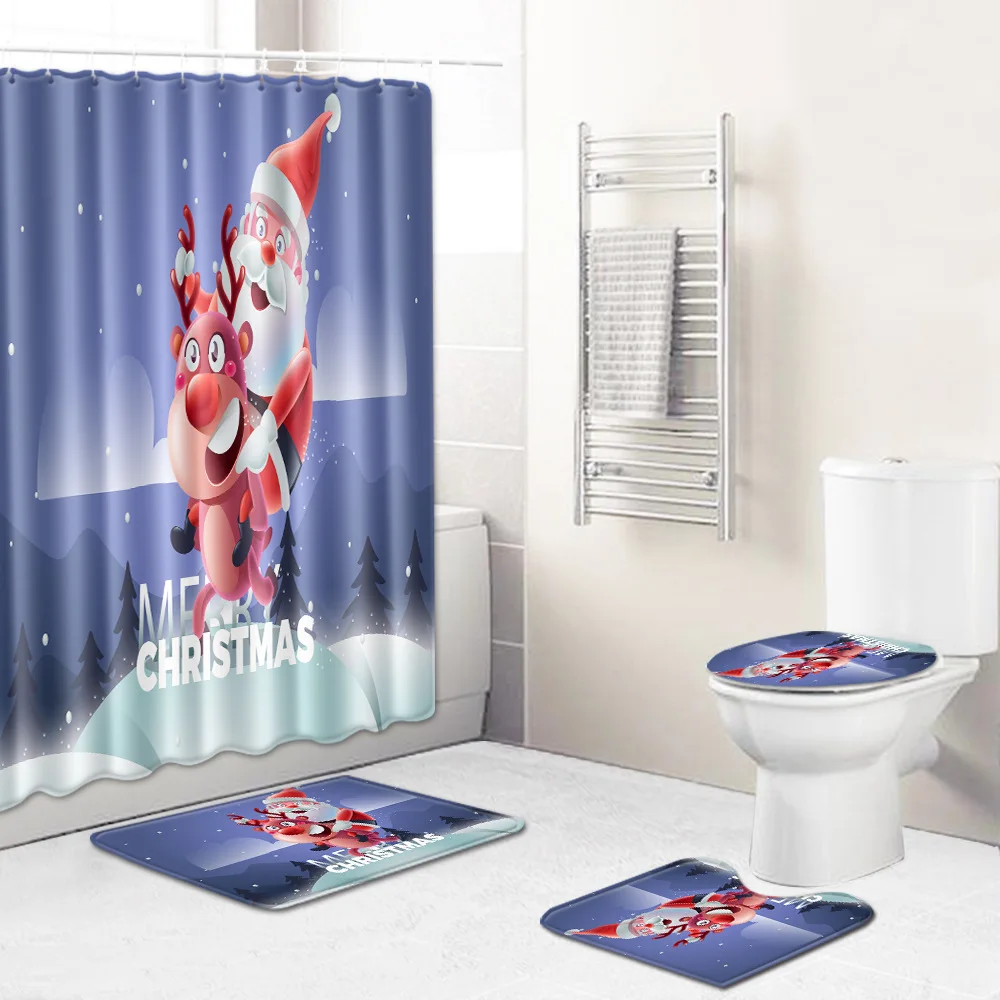 

Zeegle Christmas Bath Curtain Waterproof Bathroom Curtain Absorbent Shower Mat Toilet Cover Mat Washable Bathroom Rug Set