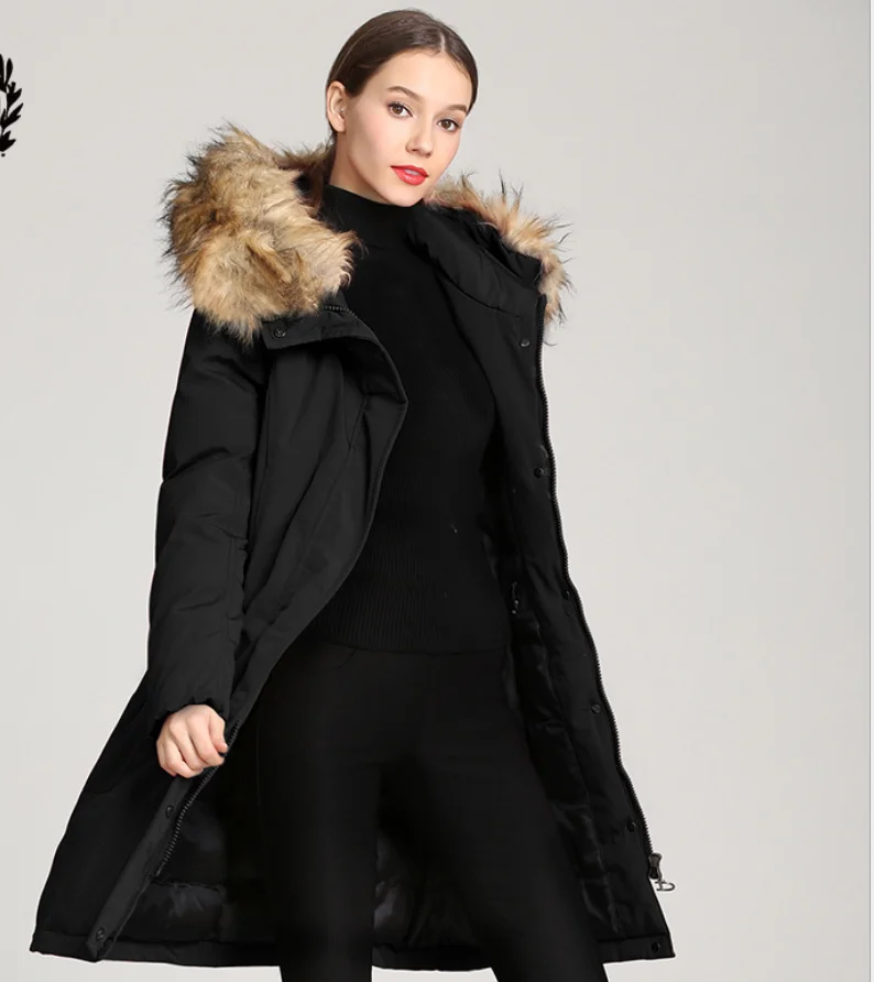 

winter women Red coat long slim female Army green jacket fur collar brand clothing thick warm windproof parka Outwear Overcoats