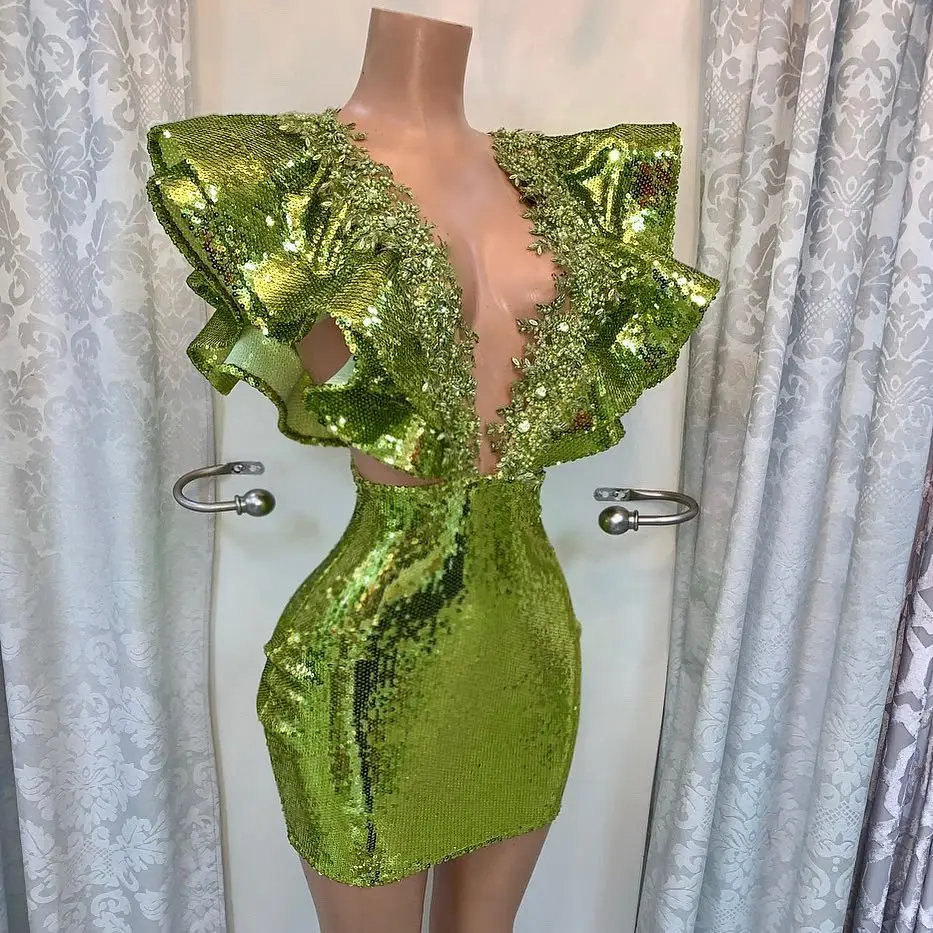 

Green Sequined Cocktail Dressses Short Beaded Deep V-Neck Dubai Party Night Gowns Women Custom Made Designed robe de soiree
