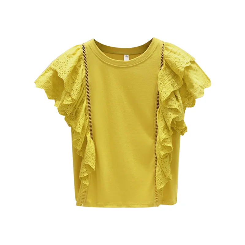 

Lace Stitching Ruffles Short Sleeved T-shirt Woman 2020 Summer New Loose Female Yellow T-shirts Lady Tops Tee Shirt Harajuku