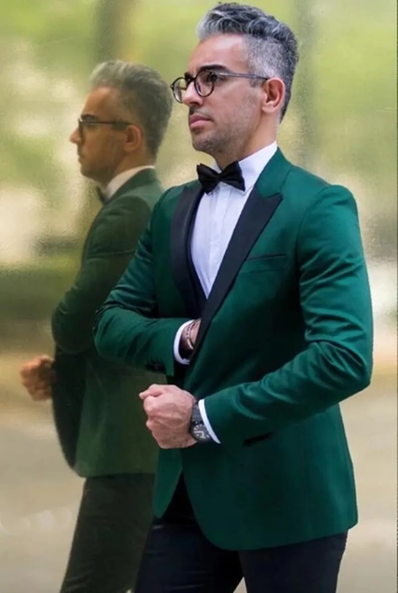 

New Arrival Green One Button Groomsmen Tuxedos With Black Peak Lapel And Pants Men Suits For Wedding Best Man Blazer 2 Pieces