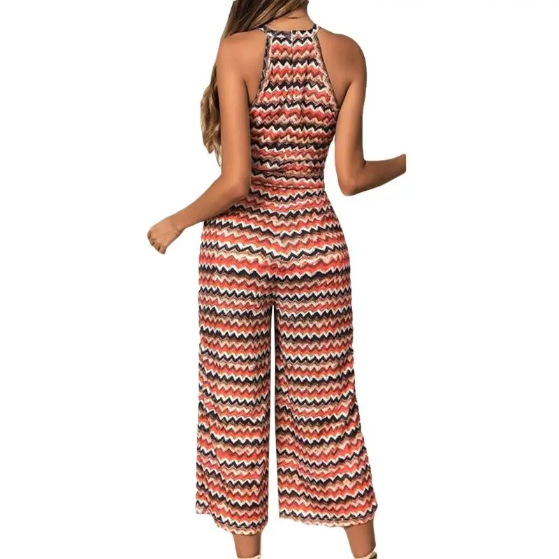 

Women Holiday Beach Sleeveless Striped Wide Leg Jumpsuit Playsuit Romper W/ Pocket D08E