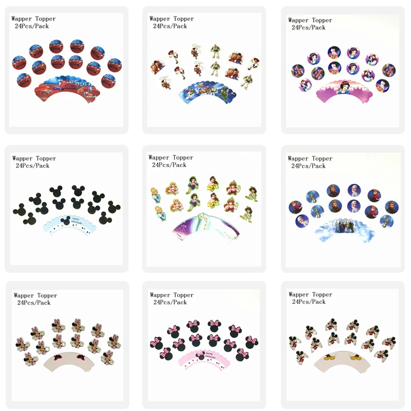 24 pcs/pack Disney Princess Frozen Mickey Mouse Theme Birthday Party Cartoon Cupcake Wrappers Toppers Cake Decorations Supplies | Дом и сад