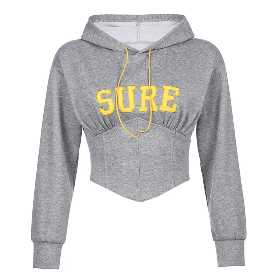 

Irregular Letters Embroidery Women Hoodie Back Bandage Corset Hooded Sweatshirt Long Sleeve 2021 Spring Clothes Ropa Mujer