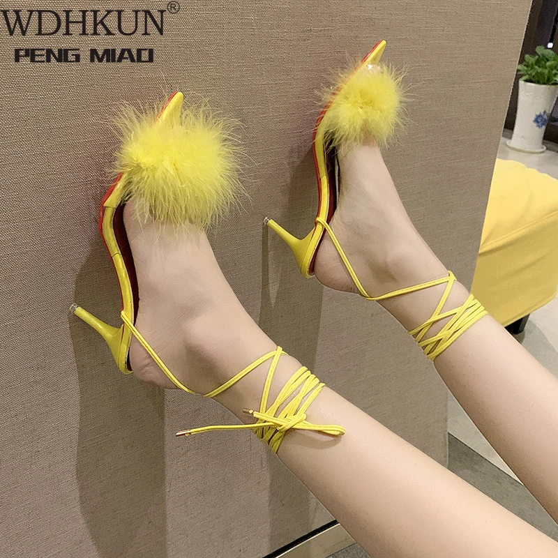 

Босоножки WDHKUN прозрачные на тонком каблуке 10 см или 7 см, босоножки с острым носком и страусиным ворсом, женская обувь с ремешком на щиколотк...