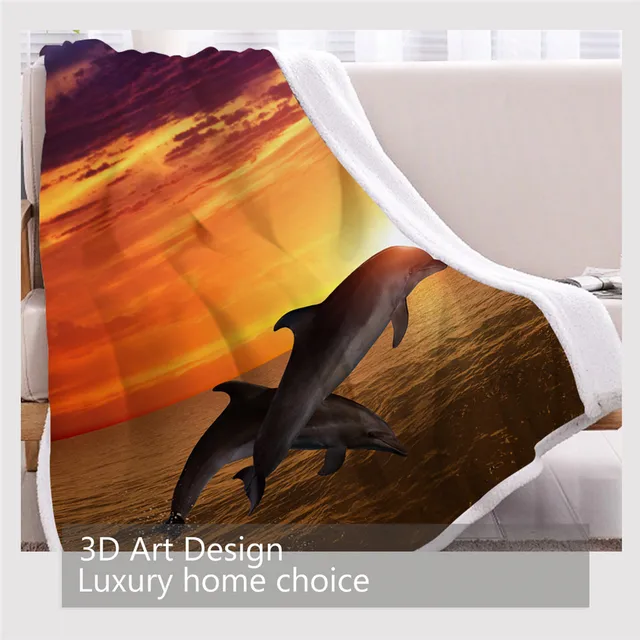 BlessLiving Jumping Dolphin Bed Blanket Marine Life Plush Bedspread Beautiful Sunset Custom Blanket 3D Print Ocean Sea Bedding 3