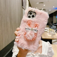 diamond pearl cute rabbit plush fuzzy phone case for iphone12 12pro max 11 11pro max x xr xs max warm fur soft silicone cover