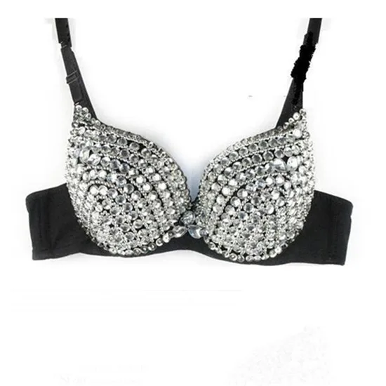 

Sexy Bra Women Push Up Luxury Handmade Sequined Bra Lady Silver Punk Style Studded Sponge Bras For Show Party