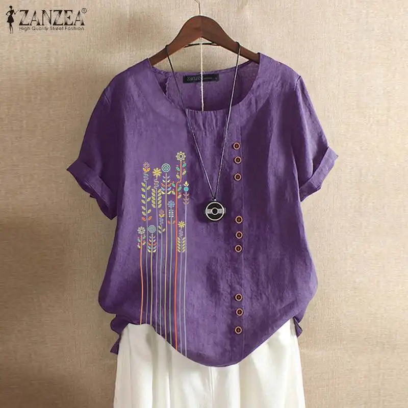 Женская винтажная блузка ZANZEA с коротким рукавом летние хлопковые льняные топы