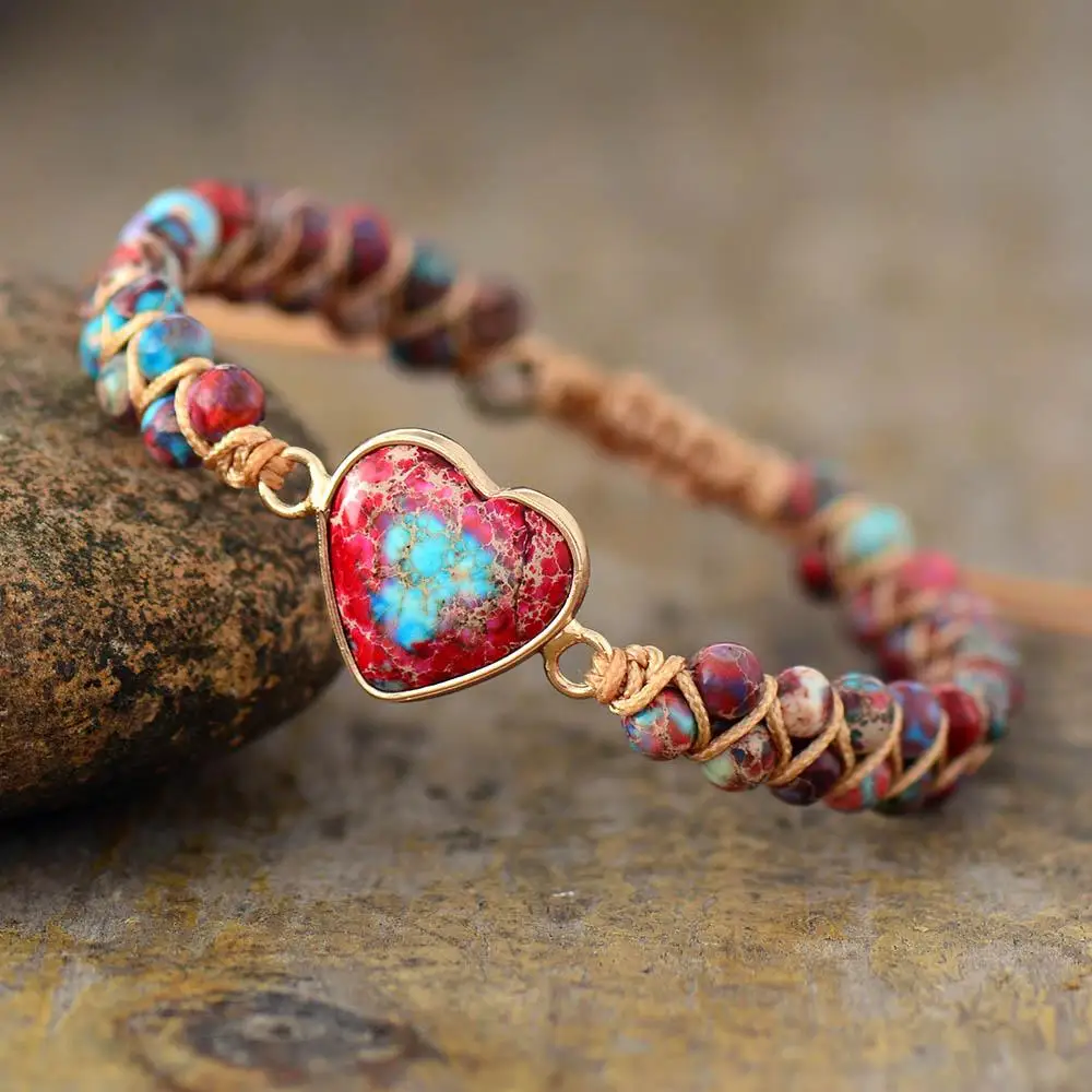 

OAIITE Passionate Heart Jasper Bracelet Natural Stone Beads Leather Handmade Woven Wrap Bracelet Boho Couples Bracelets Gifts
