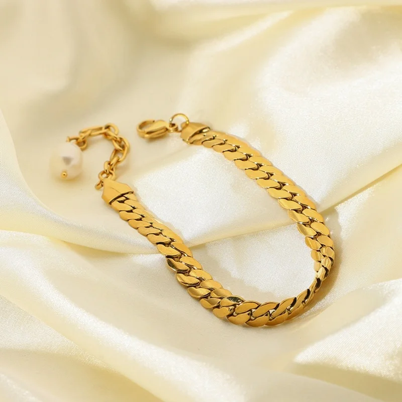 

Minar High Street Twist Rope Stainless Steel Flat Chain Bracelets for Women Girls Real Pearl Pendant Charm Bracelets Accessories