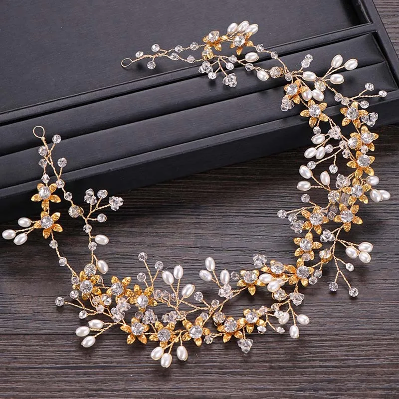 

2019 New Bride Gold Leaf Crystal Simulated Pearls Flower Vine Wedding Headpiece LL@17