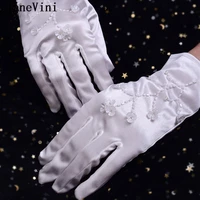 janevini elegant handmade beaded satin short bridal gloves 2021 full finger white evening gloves wedding accessories for bride