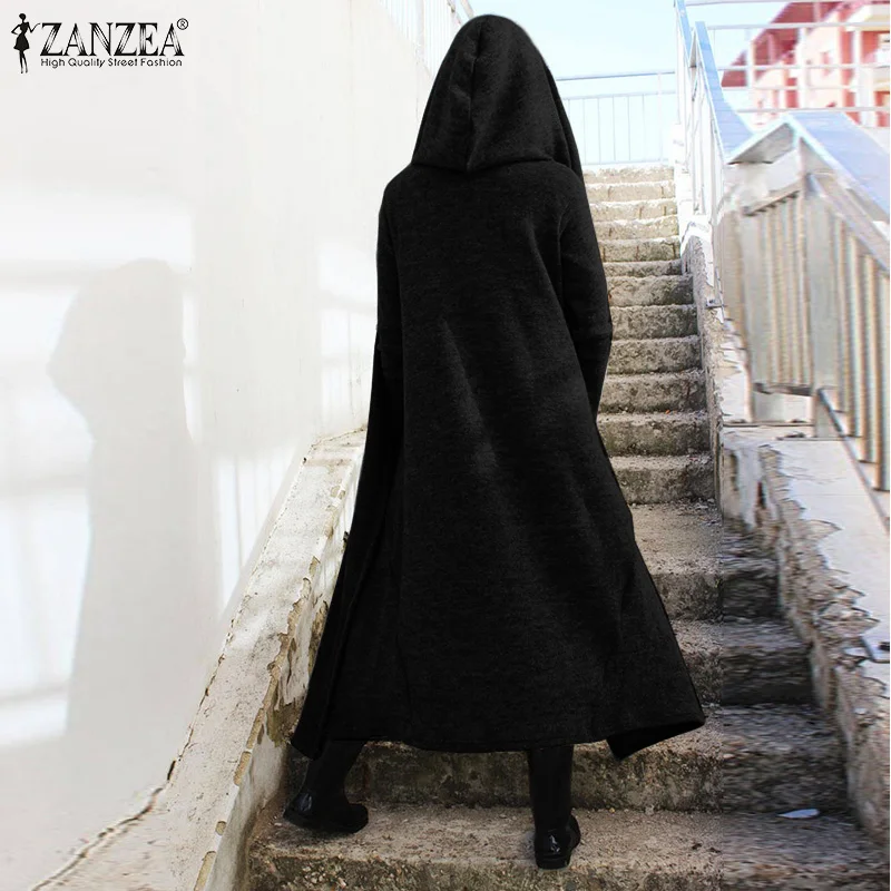Мода ZANZEA женские толстовки с длинным рукавом Длинные Пальто осенние куртки повседневная верхняя одежда с капюшоном Femme однотонный свободный открытый передний кардиган