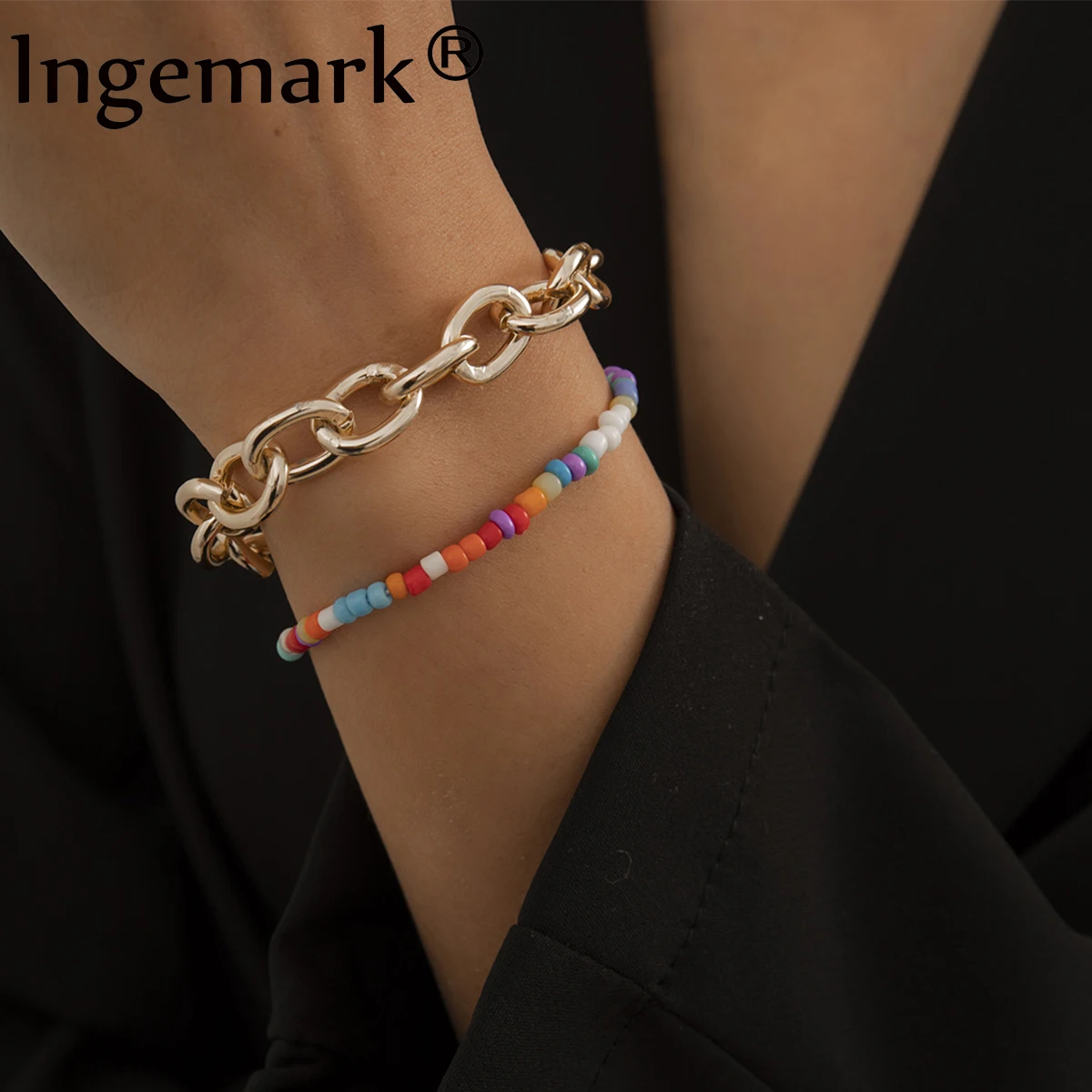 

2Pcs/Set Boho Cute Colorful Rice Beaded Bracelet Handmade Simple Punk Cross Chain Bracelets for Women Girl Charm Bangle Jewelry