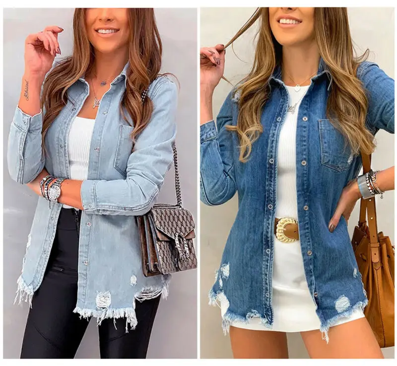 Autumn Women Ladies Ripped Button Oversized Denim Jacket Jeans Coat Boyfriends Overcoat Slim Blazer Vintage Washed Plus Size | Женская