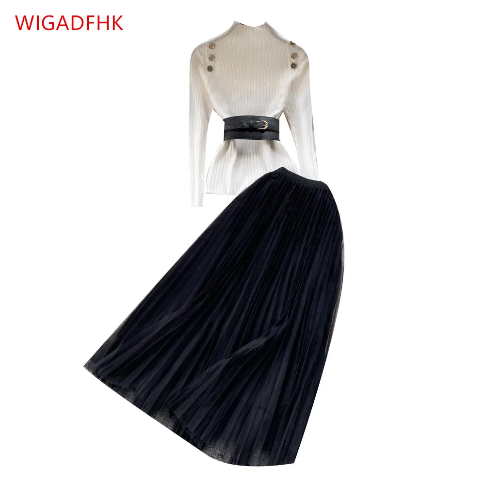 

Elegant Knitted Sweater Suit Women Autumn And Winter Slim Knit Bottoming Sweater Sweater Top + Mesh Long Skirt 2-piece Set