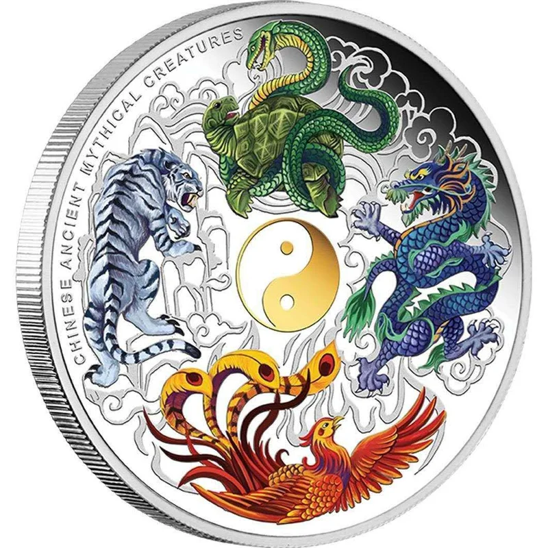 

Chinese Ancient Mythical Creatures Dragon Tiger Beautiful Challenge Silver Coin Souvenir Gifts