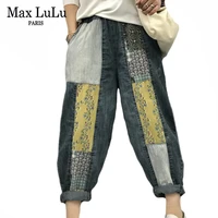 max lulu korean luxury designer spring women printed floral jeans ladies vintage patchwork denim pants female pantalons big size