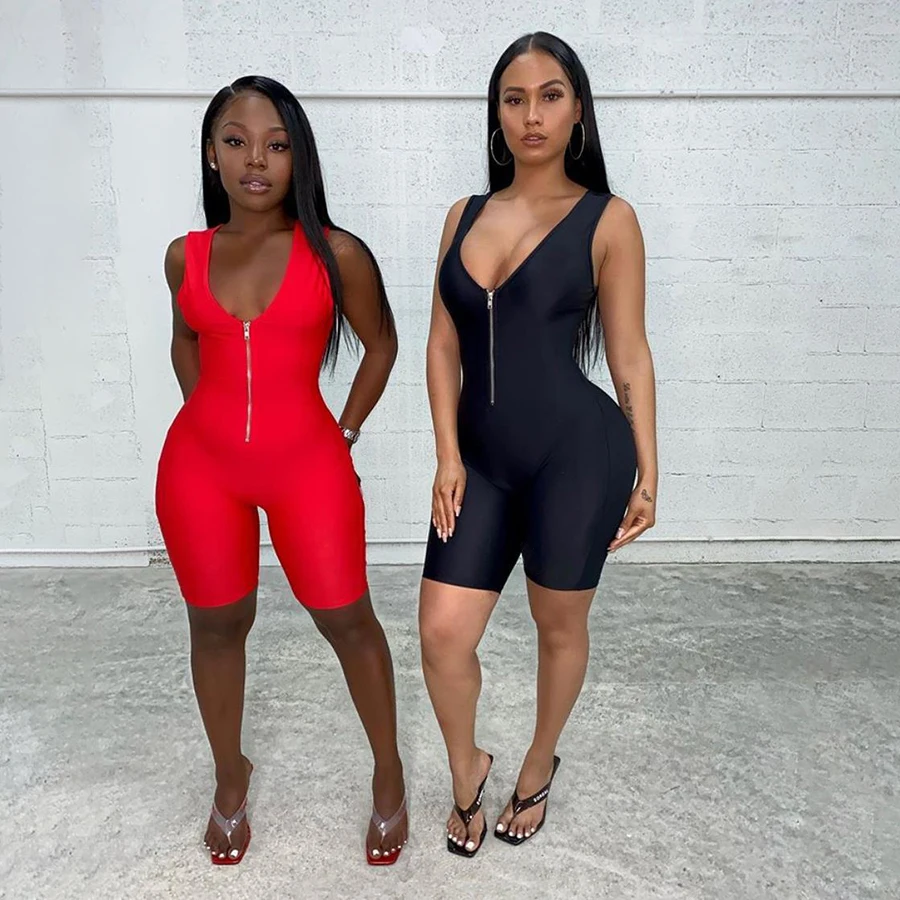 

2021 Summer Skinny Bodycon Women One Piece Jumpsuits and Rompers Zipper Sleeveless Activewear Jumpsuit