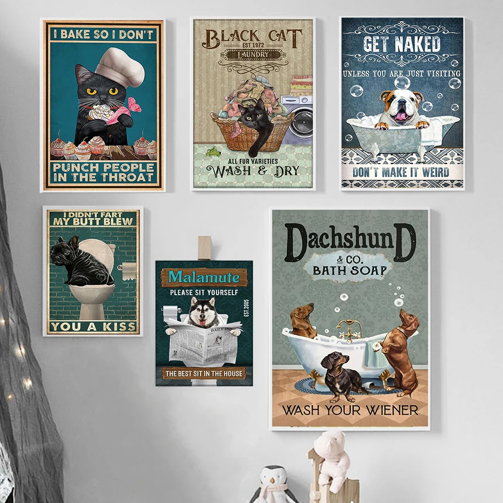 

Bath Soap Poster Dog Reading Newpaper Art Print Vintage Black Cat Wall Pictures Funny Laundry Canvas Painting Toilet Home Decor