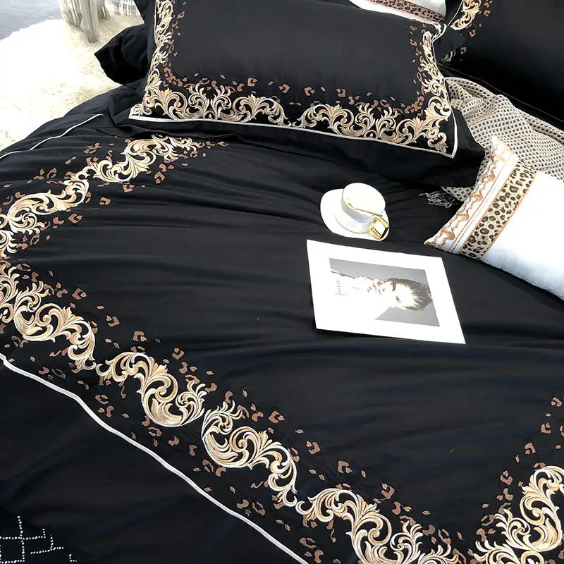 Роскошное постельное белье с вышивкой черный комплект постельного белья