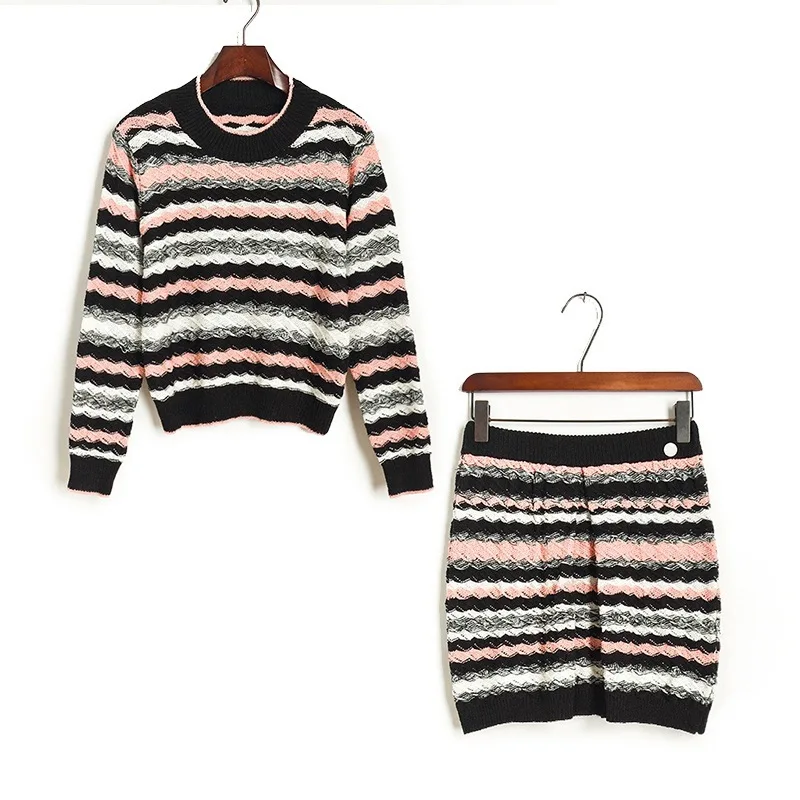 

Office Ladies Elegant Knitting Striped Tweed Two Piece Outfits Long Sleeve O-Neck Sweater Tops Female Wrap Skirts Casual Sets