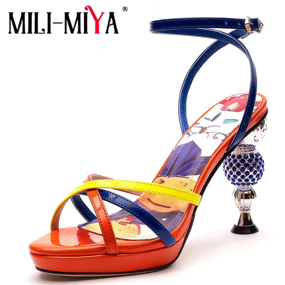 

MILI-MIYA Fashion Design Women Patent Leather Ankle Wrap Sandals Strange Heels Mixed Color Round Toe Plus Size 34-43 Summer Shoe