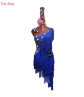 latin dance dress shiny rhinestone blue fringed competition dresses salsa rumba chacha samba stage show wear lady dance dress