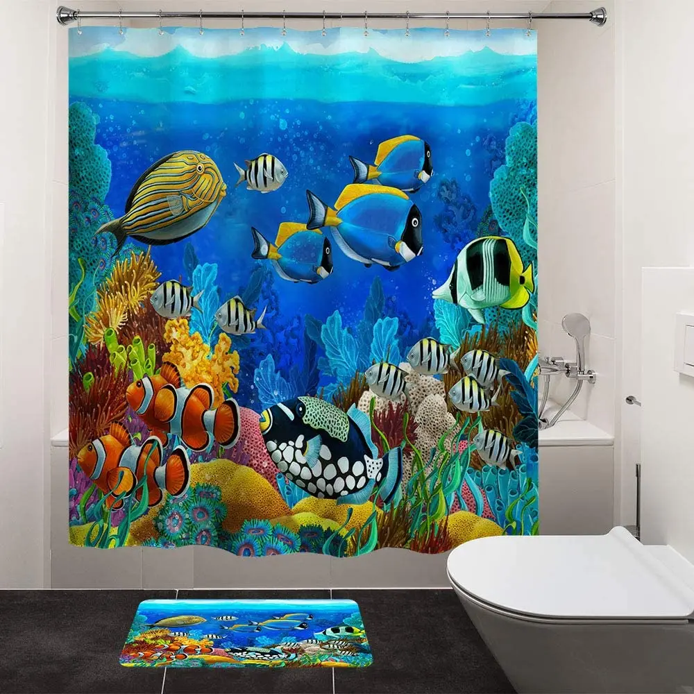 

Набор занавесок для душа с морскими животными, коврик для ванной под водой, с мультяшными рыбками, нескользящий ковер, декор для ванной комнаты, коралловый натуральный пейзаж